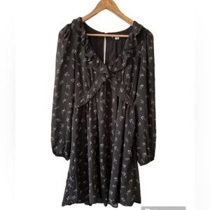 American Eagle Gray Floral Ruffle-Trim Long Sleeve Dress NWOT